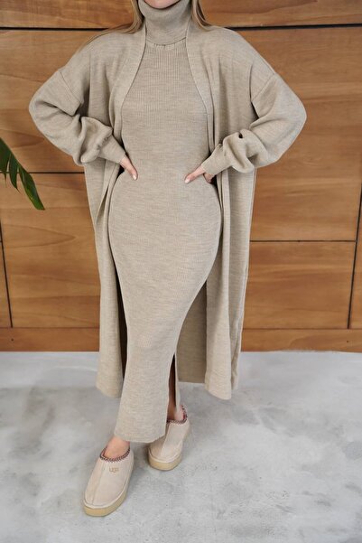 GİYSİ DÜNYASI 57 Tri̇ko Kumaş Standard Bdn Full Length Cardigan Dress 2-Piece Set