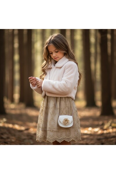FESSHERA Girls' Dress Tulle Lace Princess Dress and Plush Coat Combination Chain Strap Mini Bag Set