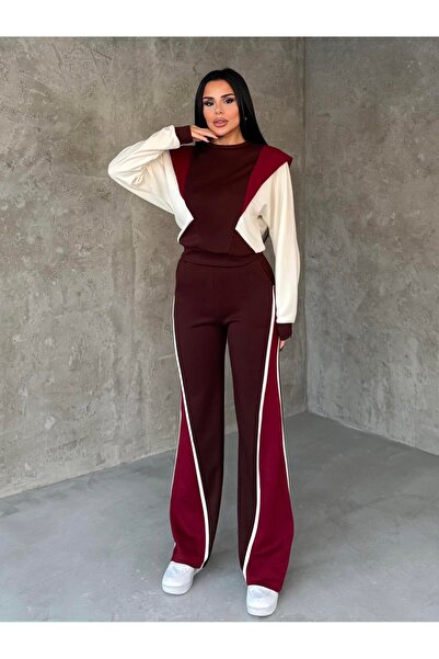 HARMONY GLOBAL Women's Burgundy Red Double Sport Suit – Comfortable O Oversized Top & Ş Striped Detail Wide Leg Pants 7621