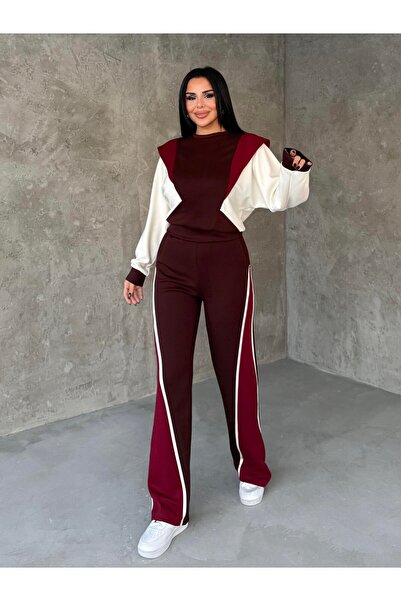 HARMONY GLOBAL Women's Burgundy Red Double Sport Suit – Comfortable O Oversized Top & Ş Striped Detail Wide Leg Pants 7621