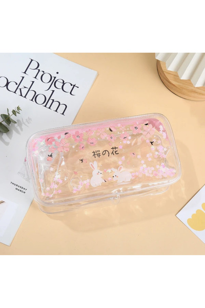 synshop Kawai Sakura Tavşan Simli Pullu Sulu Şeffaf Kalemlik Kalem Kutusu Makyaj Çantası Cüzdan Düzenleyici