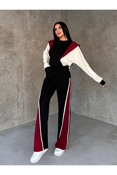 HARMONY GLOBAL Women's Black Red Two-Piece Sportswear Set – Comfortable O Oversized Top & Sh Striped Detail Wide-Leg Pants 7621