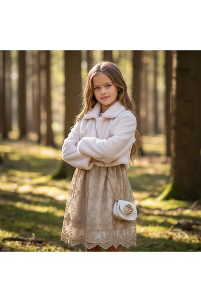 FESSHERA Girls' Dress Tulle Lace Princess Dress and Plush Coat Combination Chain Strap Mini Bag Set