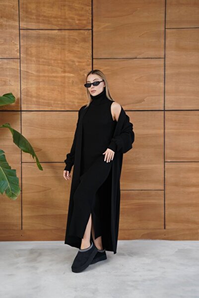 GİYSİ DÜNYASI 57 Tri̇ko Kumaş Standard Bdn Full Length Cardigan Dress 2-Piece Set