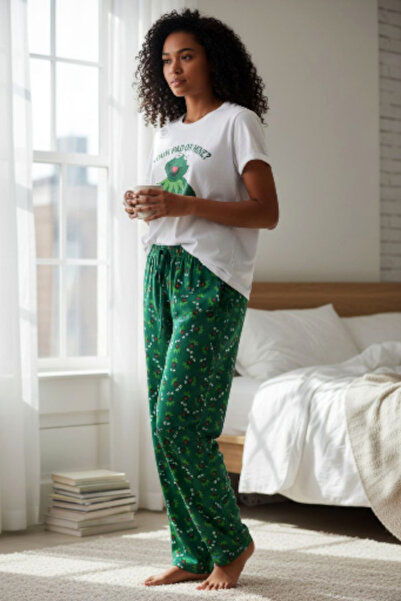 Star Fashion Women's cotton pajamas, short sleeves, cheerful print, long pants