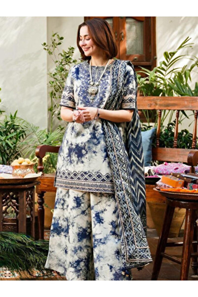 MYSMAR White and Blue Colored Swiss Jacquard Lawn Top Bottom Dupatta - BPK1005 | White