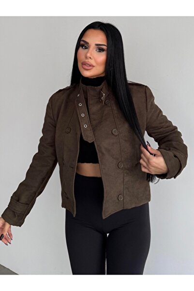 HARMONY GLOBAL Women's Khaki Buckle Collar and Button Detail Vorse Suede Short Jacket – Elegant Posture, Stylish Suede Coat 7615
