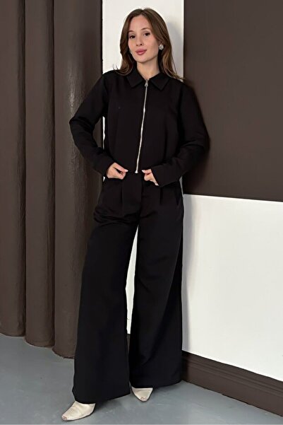 Zerenyus Zipper Closure Wide Leg Top and Bottom Trench Suit Black