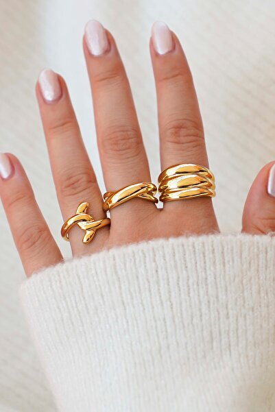 TREND COLLECTİON Gold Ayarlanabilir 3’lü Kadın Yüzük Seti – Modern Kalın Tasarım
