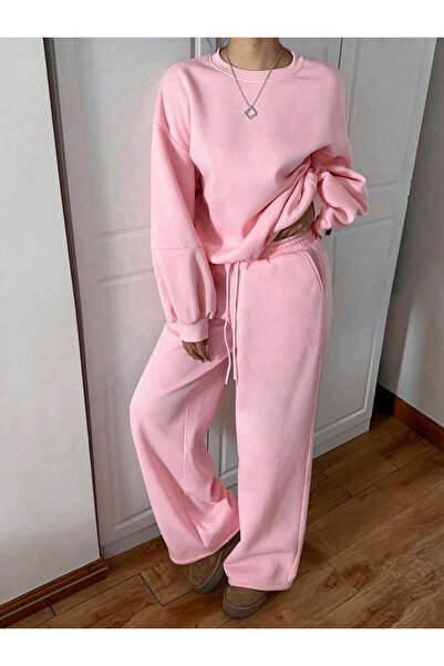 Zıva Design House Kadın Pembe Yüksek Bel Şardonlu Palazzo Bol Eşofman Altı