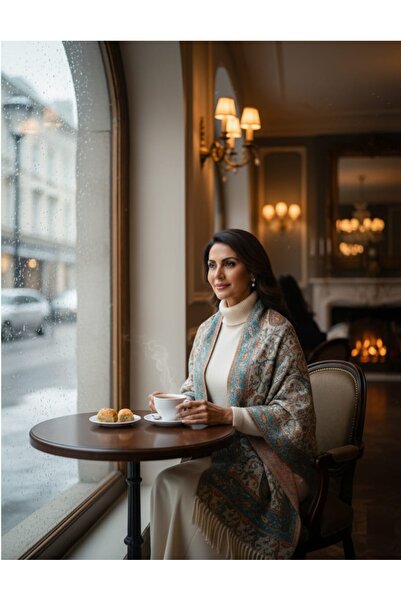 DU Women's cashmere and cotton scarf/shawl, warm and soft - mauve with a bohemian paisley pattern, fringed, 200 cm long