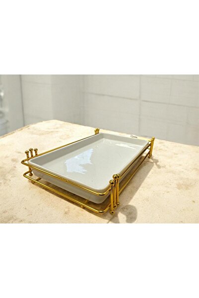 OEM Porcelain serving platter with gold metal stand, 28×16 cm