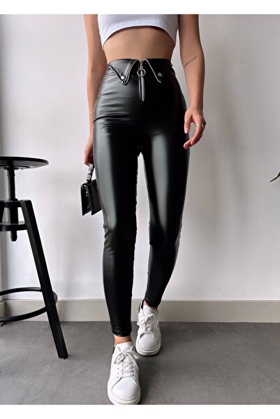 LACHT Women's Black Fleece-Lined High Waist Zipper and Snap Detail Leather Leggings