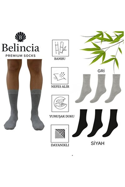 belincia Bambu Men's Socket Long Straight Black and Gray Socks Stitch-Free 6-Piece Pack (3 Black - 3 Gray)