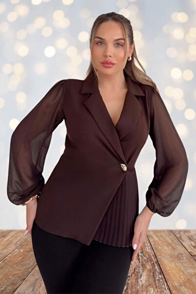 Moda Amore Women's Blouse with Metal Buttons Tulle Sleeves and Pleat Detail 033