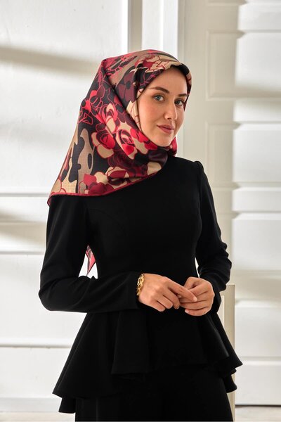 Silk Home Burgundy Black Floral Pattern Tivil Woven Pure Silk Scarf-11483-34