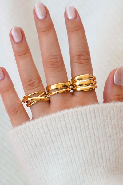 TREND COLLECTİON Gold Dalga Form 3’lü Kadın Yüzük Seti – Ayarlanabilir Model