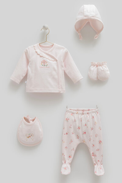 Caramell 100% Cotton 0-3 Months Baby Girl 5-Piece Hospital Discharge Set - Mushroom and Flower Patterned