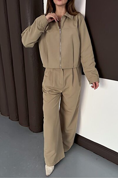 Zerenyus Zipper Closure Wide Leg Top and Bottom Trench Suit Khaki