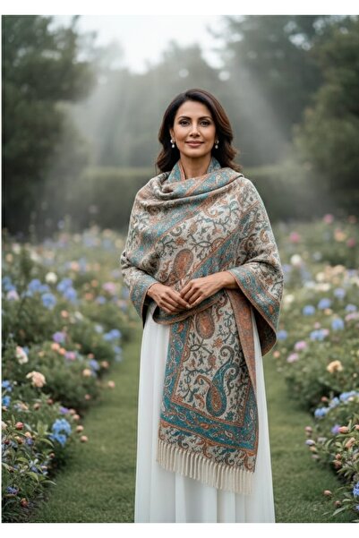 DU Women's cashmere and cotton scarf/shawl, warm and soft - mauve with a bohemian paisley pattern, fringed, 200 cm long