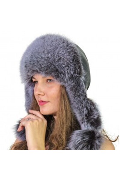 PFA CIOCARLAN ELENA Youth leather and fox fur hat, gray/blue, CBF021 56 cm