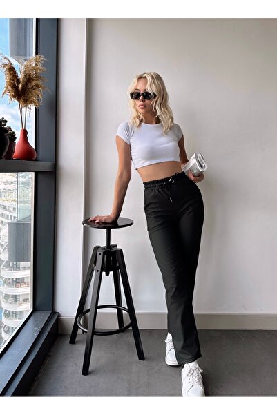 LACHT Women's Black Elastic Waist Fleece-Lined Matte Leather Trousers