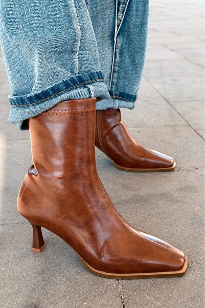 I Love Shoes Alderie Kadın Topuklu Bot Taba Mat Deri