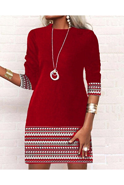 Meleners Women's Long Sleeve Crew Neck Printed Two Thread Dress at Cuff and Hem