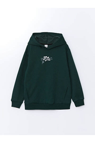 LC Waikiki LCW Παιδική πράσινη κουκούλα με στάμπα χοντρή μπλούζα για αγόρι