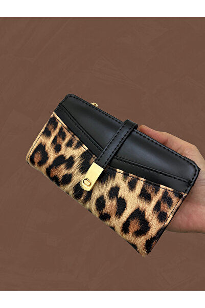 shiny ever Black Cream Leopard Patterned Leather Women's Wallet Handbag with Gold Detail