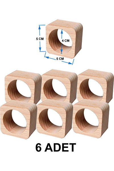 Tiydem 6'lı Kare Ahşap Peçete Yüzüğü - Peçete Halkası - Dekoratif Sofra Sunum...