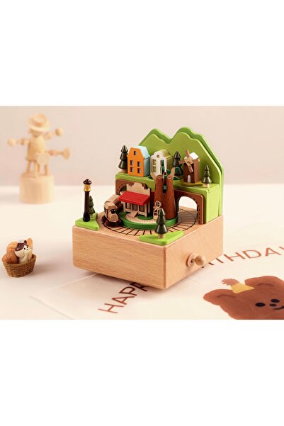womi Ahşap Müzik Kutusu Hareketli Wooden Tren Sahnesi Hediyelik Figür Dekor
