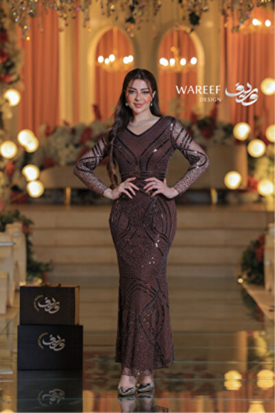 MAC CENTER Long brown evening dress embellished with crystals, fitted design, long sleeves