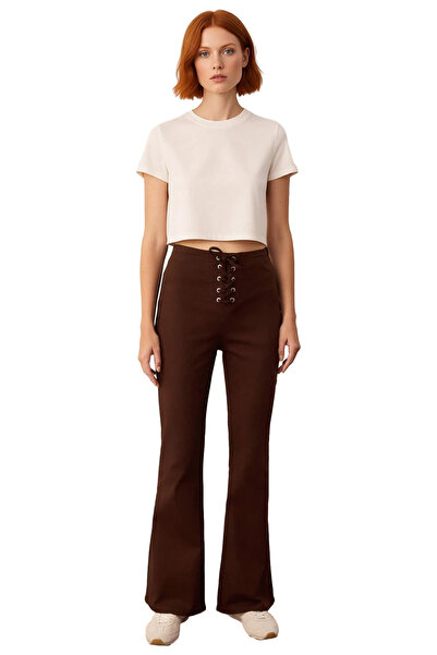 PayBuy Women's Khaki Gabardine Lace-Up Flare Pants Functional Durable Quality Comfortable Modern