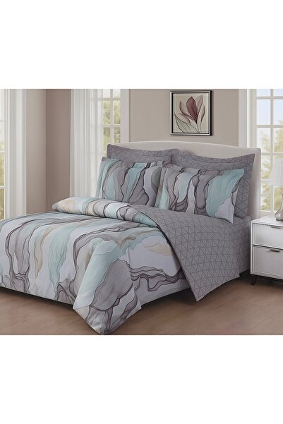 Casa Pucioasa Fine Cotton Bed Linen 6 Pieces - Casa Pucioasa, Modern Aqua-Grey Pattern