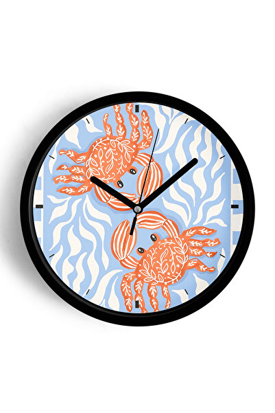 JHAAR Ceas de perete modern cu ilustrație cu crab - 25 cm - Carcasă neagră cu...
