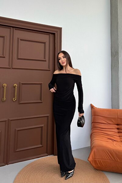 Mezka Kadın Drapeli Uzun Kollu Modonna Yaka Parmak Geçirmeli Büzgülü Detaylı Elbise