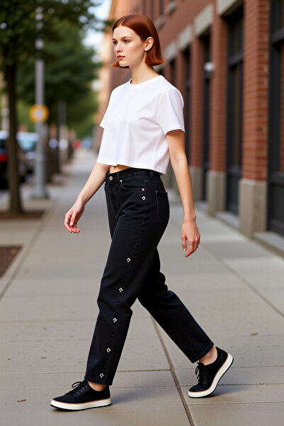 PayBuy Kadın Taş Detaylı Yüksek Bel Mom Jean Pantolon Fonksiyonel Dayanıklı K...