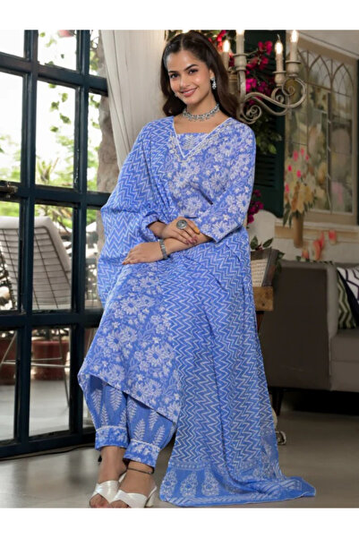 MYSMAR Blue Viscose Cotton Embroidery Salwar Kameez & Dupatta - ALV1131 | Blue