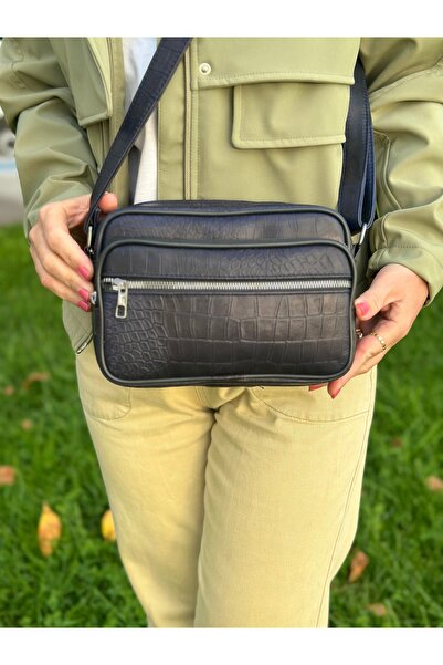 Deribag Genuine Leather, Medium Size, Crossbody Strap, Women's Shoulder Bag, Printed Dark Navy Blue, 23*17*8 cm