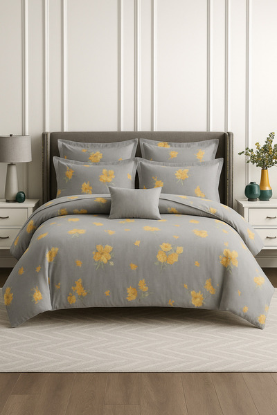 Casa Pucioasa 6 Piece Bed Linen - High Class Special Cotton, Floral Grey Pattern,