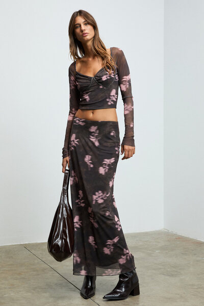 GRIMELANGE Beulah women's maxi skirt Slim Fit elastic waist tulle batik patterned brown-floral patterned skirt