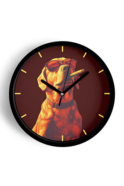 JHAAR Ceas de perete modern cu design Cool Golden Dog - 42 cm - Carcasă neagr...