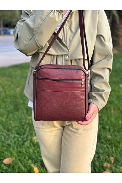 Deribag Genuine Leather, Medium Size, Crossbody Strap, Women's Shoulder Bag, Burgundy, 22*24*5 cm