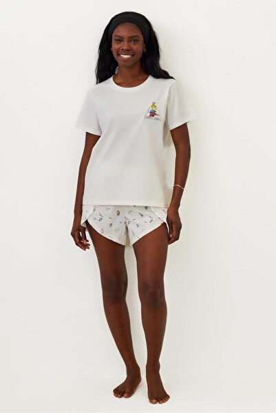 BONY SOCKS Жіночий комплект піжами з шортами Seageo Balıklı, екрю