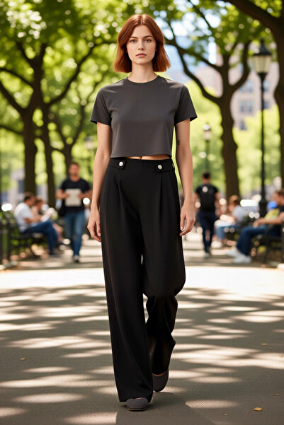 PayBuy Women's Anthracite Pleated Wide Leg Knitted Trousers Functional Durable Quality Comfortable Stylish