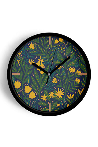 JHAAR ساعة حائط حديثة بنمط زهور صفراء - 30 سم - هيكل أسود مع زجاج أمامي - آلي...