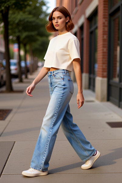 PayBuy Pantaloni de damă croi larg pe picior din denim talie înaltă Utilizare...
