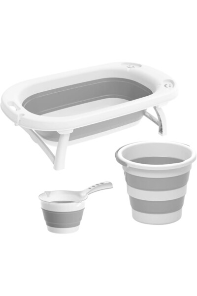 AyrStore Katlanır 3'lü Bebek Çocuk Yıkama Küvet - Kova - Maşrapa Seti Büyük Boy | Duş Baş