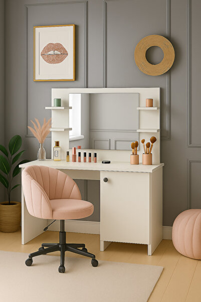 258 MoLife Lima Makyaj Masası Aynalı , Dolaplı 4 Raflı Beyaz